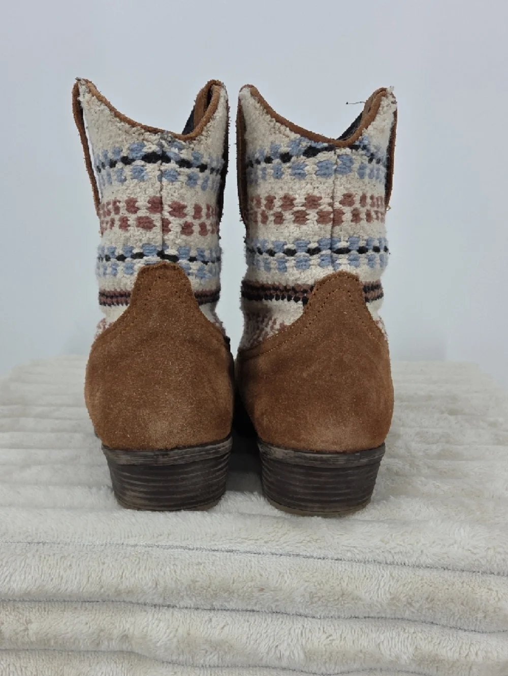 Roper Brown Suede Ankle Boots with Woven Multi-Color Shaft